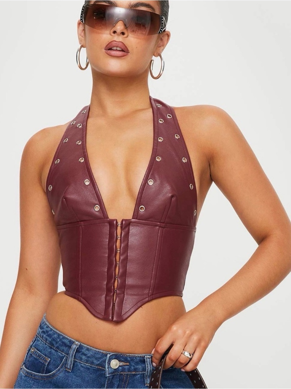 NWT Princess Polly Palladia Jordy Corset Top Burgundy Faux Leather Halter Size 6